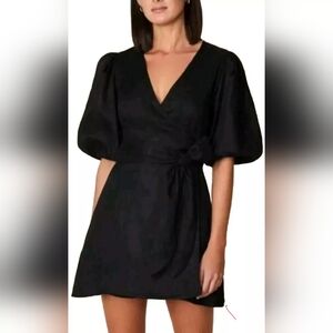 Faithfull The Brand Rooney Black Linen Mini Wrap Dress Puff Sleeve Womens Size 2